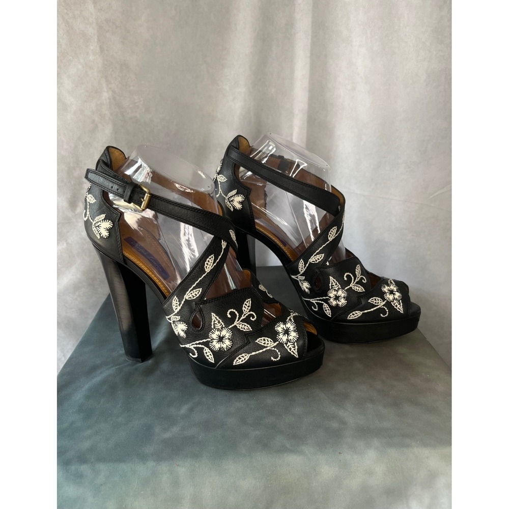 Ralph Lauren Purple Label Embroidered Leather Heels Italy Floral Platform 39.5